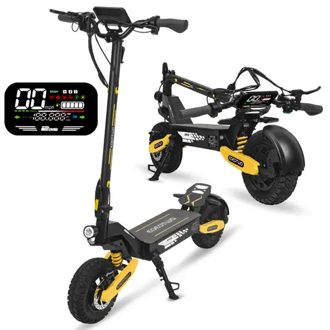 EOEOTWO, adult off-road electric scooter, 1200W motor fast electric scooter, top speed of 28 MPH, range of 20 miles, 11-inch off-road tires, maximum load of 330 pounds, front and rear shock absorption, folding