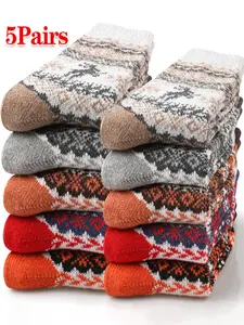 5 Pairs Men's Thick Comfortable Nordic Style Crew Socks, Solid Pattern, Calf High, Fall & Winter Essential, Casual Wear
