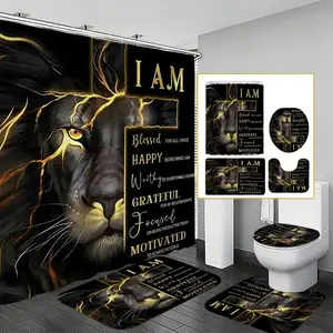 Gold Luxury Lion Motivational Bathroom Set, High-End Atmosphere Bathroom Decoration Accessories Shower Curtain & Mat, Perfect for Luxurious Bathrooms, Restroom