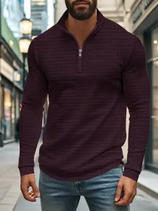 Men's Solid Color Small Plaid Half-Zip Pullover Sweatshirt, Casual Fashion Long Sleeve Top for Spring & Fall, Essential Wardrobe Item