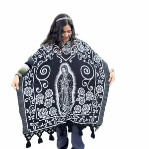 Mexican Ponchos tela delgada with Virgin Mary Embroidery and Tassel Details for Cultural Fash Shawl
