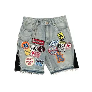 Vintage Patchwork Denim Shorts for Men & Women - Slim-Fitting Wide-Leg  Jeans with Cartoon Graphics & Tropical Patterns - Machine Washable Streetwear Bottoms - Patterned