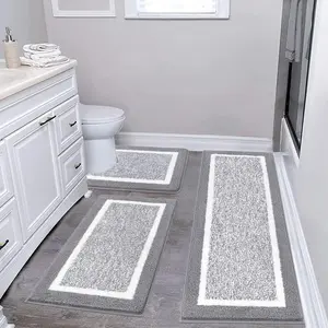 Bathroom Rug Mat Set 3 Piece, Microfiber Shaggy Bath Set, Non-Slip Ultra Soft Carpet Mats, Absorbent with U-Shaped Toilet for Bathroom, Tub, Shower, Light Grey