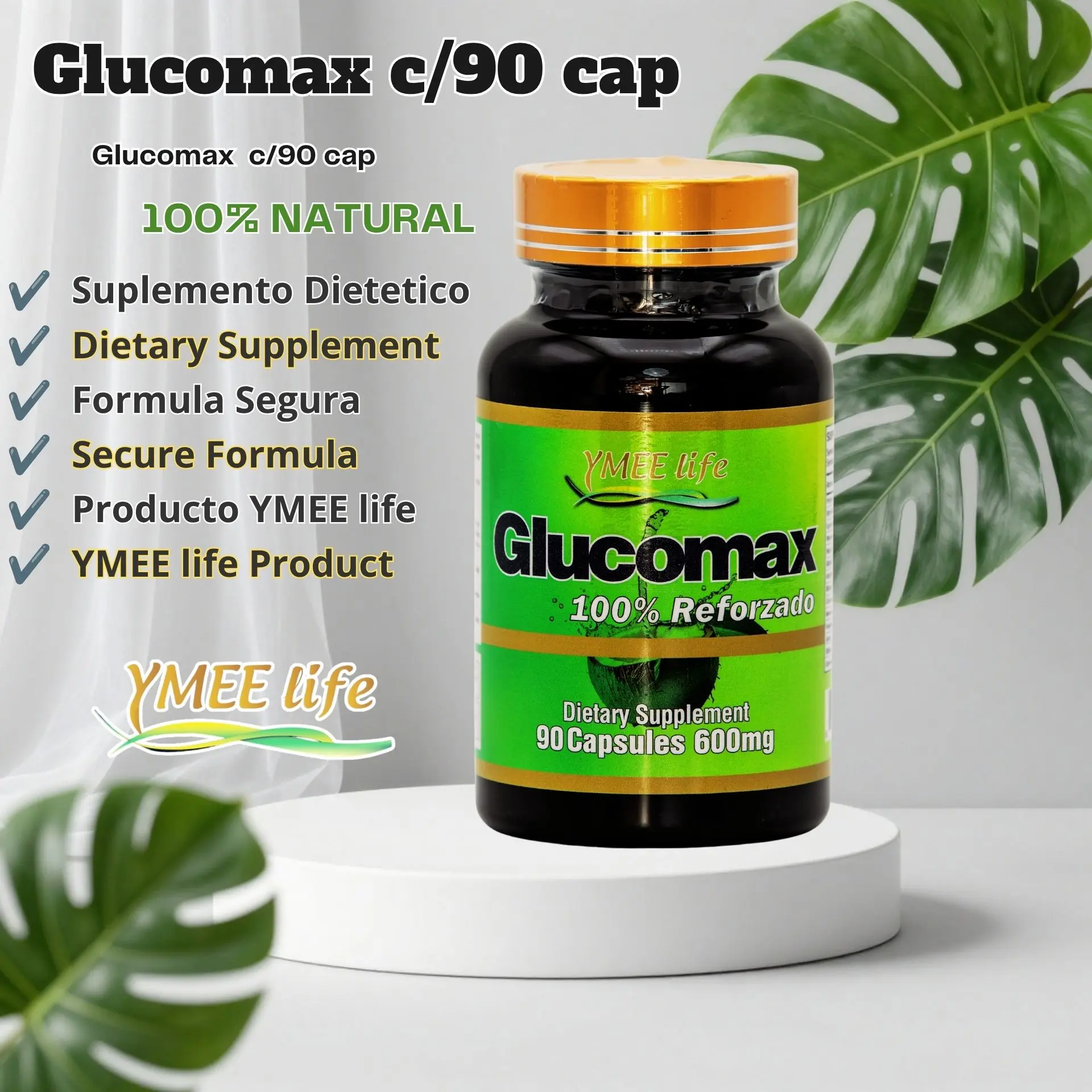 Glucomax Edible Natural Dietary Supplement Capsules - 600 mg, 90 Count, Herb Extracts, Prop 65 Safe, Sugar-Stabilizing Wellness Vitamins