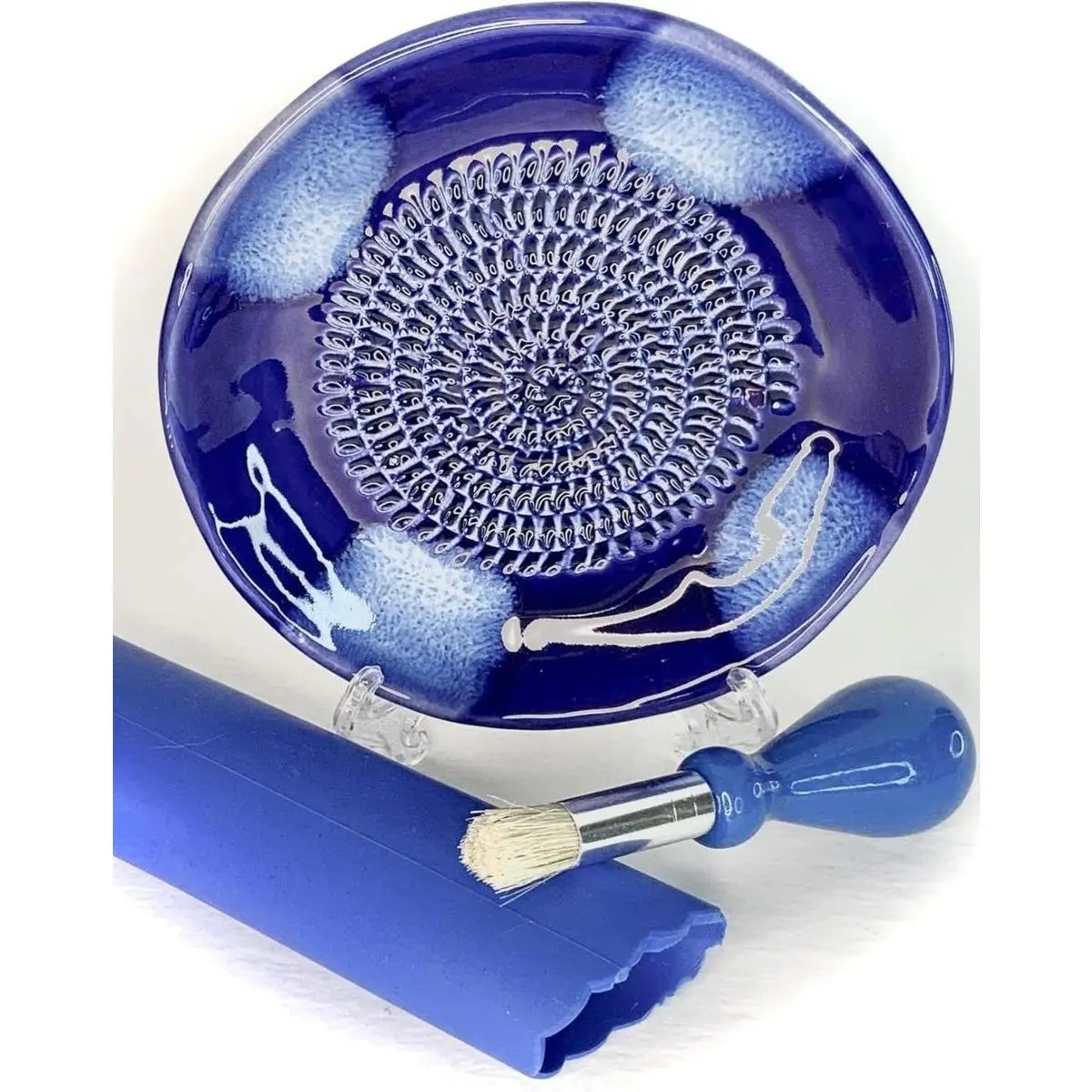 All-in-One 4pcs Premium Ceramic Garlic Grater Set - Hand-Made, Blue Glazed Design Grater Plate w/Garlic Peeler, Gathering Brush, Display Stand, It's Also Grating Turmeric, Ginger, and More, Kitchen Utensils