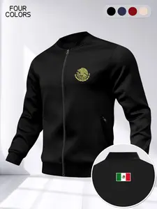 Men's Mexico Fashion Zipper Jacket, Mexican Badge Print Baseball Shirt, Streetwear Patriotic Sports Top, Long Sleeve Loose Fit, Casual Trendy Coat