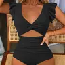 Women's Ribbed Belly Concealing One-Piece Casual Summer Swimwear, Cut Out Slim-Fit Swimwear for Beach & SPA, Ruffle High-Waist Ruched Swim Bodysuit, High Waisted Swimsuit, Ruffle Bathing Suit, Backless Bathing Suit, Flattering Bathing Suit