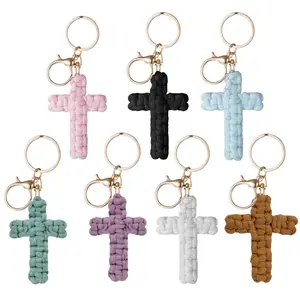 Handmade Crochet Cross Keychain Retro Boho Style Religious Ornament Portable Practical Daily Pendant Elegant Decorative Accessory Ideal for daily matching car hanging and thoughtful present choices-MM1