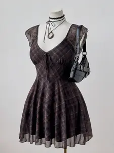 Sunspun Plaid Print Square Neck Cap Sleeve Dress | Summer Vintage Plaid Punk Grunge Gothic Aesthetic Dress