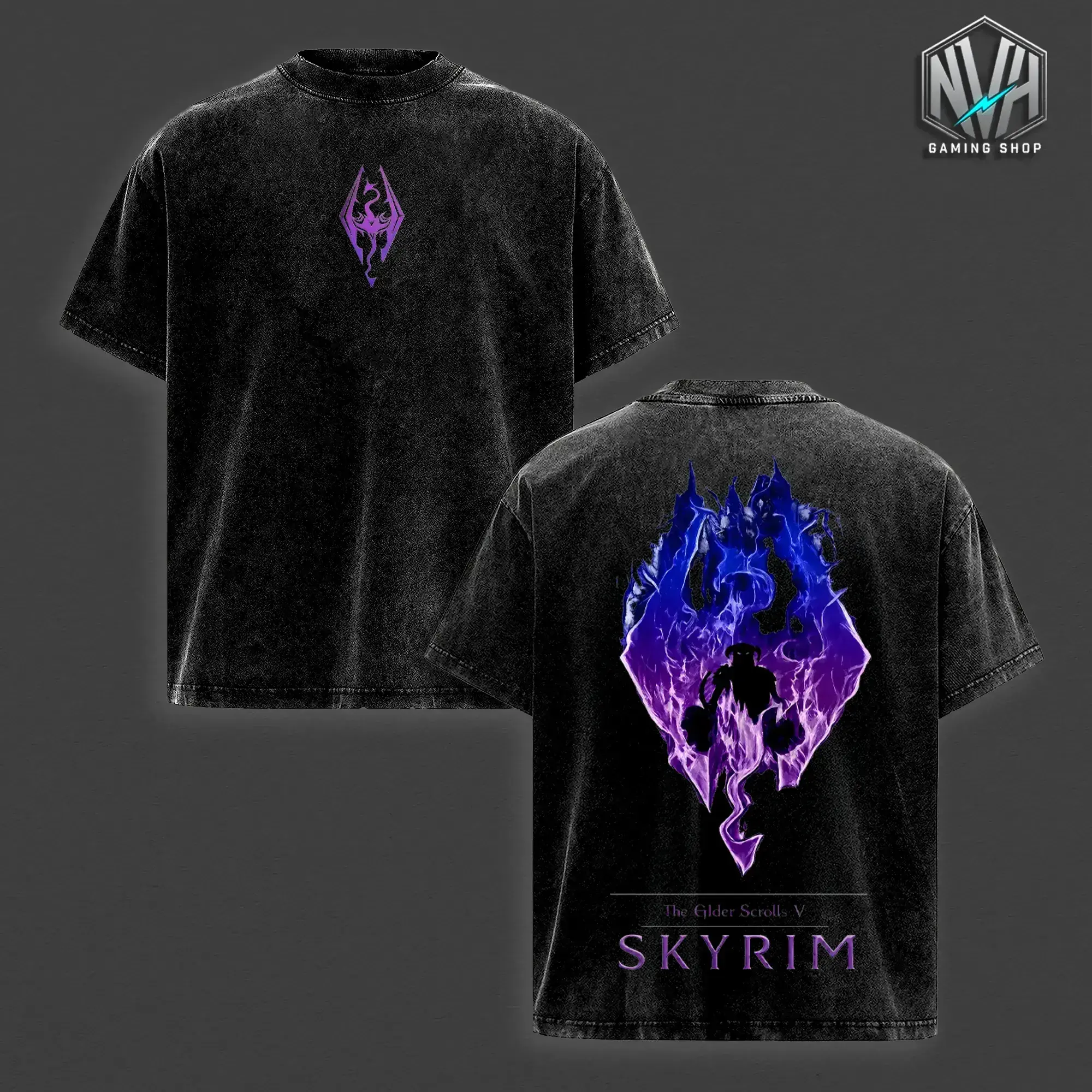 The Elder Scrolls V Graphic Shirt Skyrim Dragonborn Purple Flame Vintage Washed Oversized T-Shirt Magicka Hoodie Dovahkiin Edgy Streetwear Y2K Merch Tee Gift For Game Fan Clothes