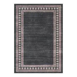 9 x 12 ft Rectangular Polyester Area Rug, Black and Brown with Geometric Border Print, Modern Machine-Washable Rug for Living Room, Bedroom