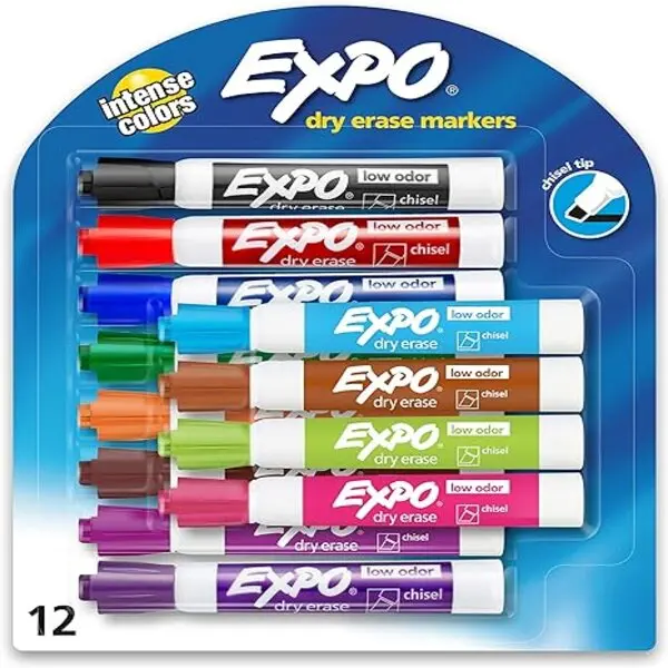 EXPO Low Odor Dry Erase Markers, Chisel Tip, Assorted Colors, 12 Count
