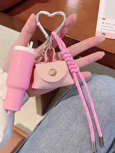 Dopamine-Colored Mini Bag Cup Charm, Bag Charm Keychain, With Portable Capsule Storage Tube And Heart-Shaped Metal Clasp, Featuring A Woven Lanyard Design That Can Be Attached To Bags Or Keys, Suitable For Commuting And Daily Outfits Or Dates