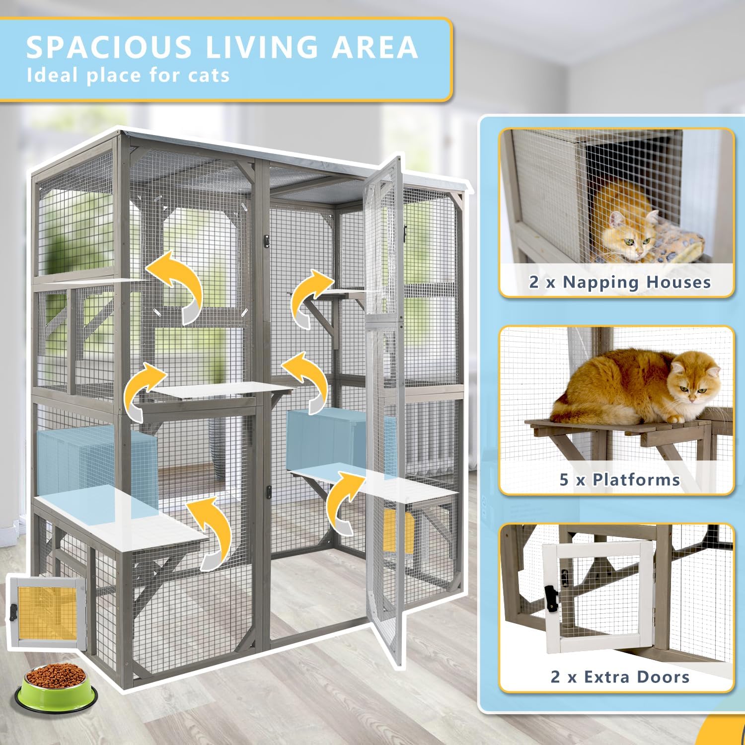 Cat Enclosure Large Window Cat House Walk in Kitty Cage with Multi-Level Platforms, Waterproof Roof for Mulitiple