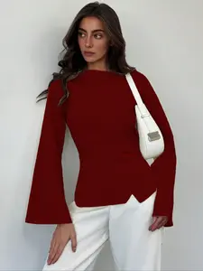 Women's Plain Flare Sleeve Peplum Blouse, Casual Fitted Bell Sleeve Top for Daily Wear, Ladies Long Sleeve Clothes for All Seasons, Shirts