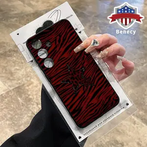 Red Leopard Print Stars Pattern Straight Edge Phone Case Compatible with Galaxy S23  Ultra S24 Plus S25 S22+ Shockproof Full Camera Protection Durable Slim Liquid Silicone Cover Smartphone Casing
