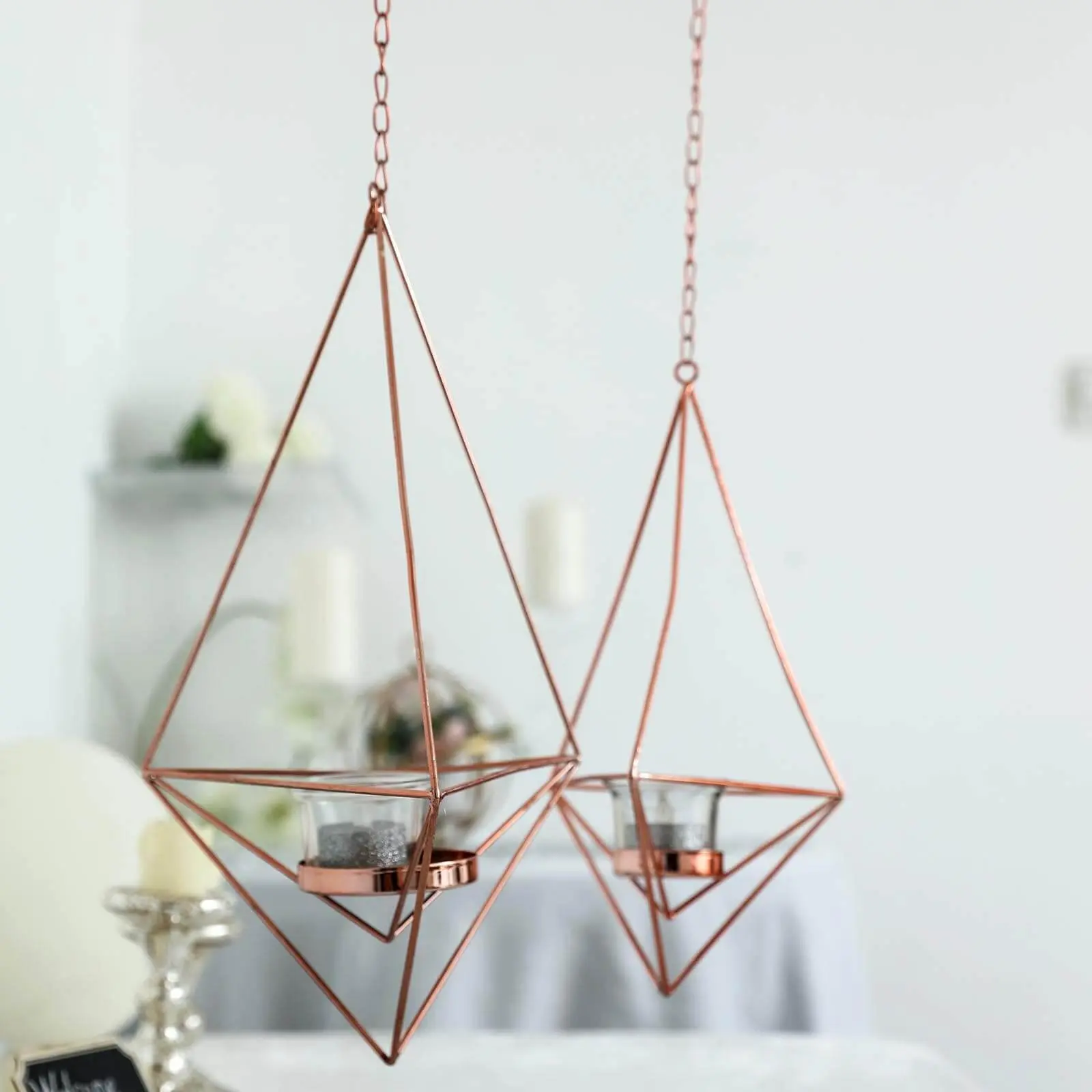Rose Gold Metal Hanging Tealight Candle Holders Set of 2 - Diamond Geometric Open Frame, 12in & 15in Flower Terrariums for Home Decor, Wedding