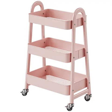 Sweetcrispy 3 Tier Metal Rolling Utility Cart with Transport Wheels - Home Organizer Storage, Kitchen & Bathroom Storage Rack, Corner Utility Carts for Narrow Spaces, Multilayer Shelf for Bedside Use