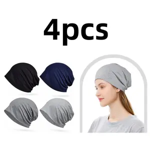 4 pcs 11 inch Cotton Slouchy Beanie Hip-Hop Soft Lightweight Running Beanie Adult Skull Hats Cap for Men Women Beauty & Personal Care
