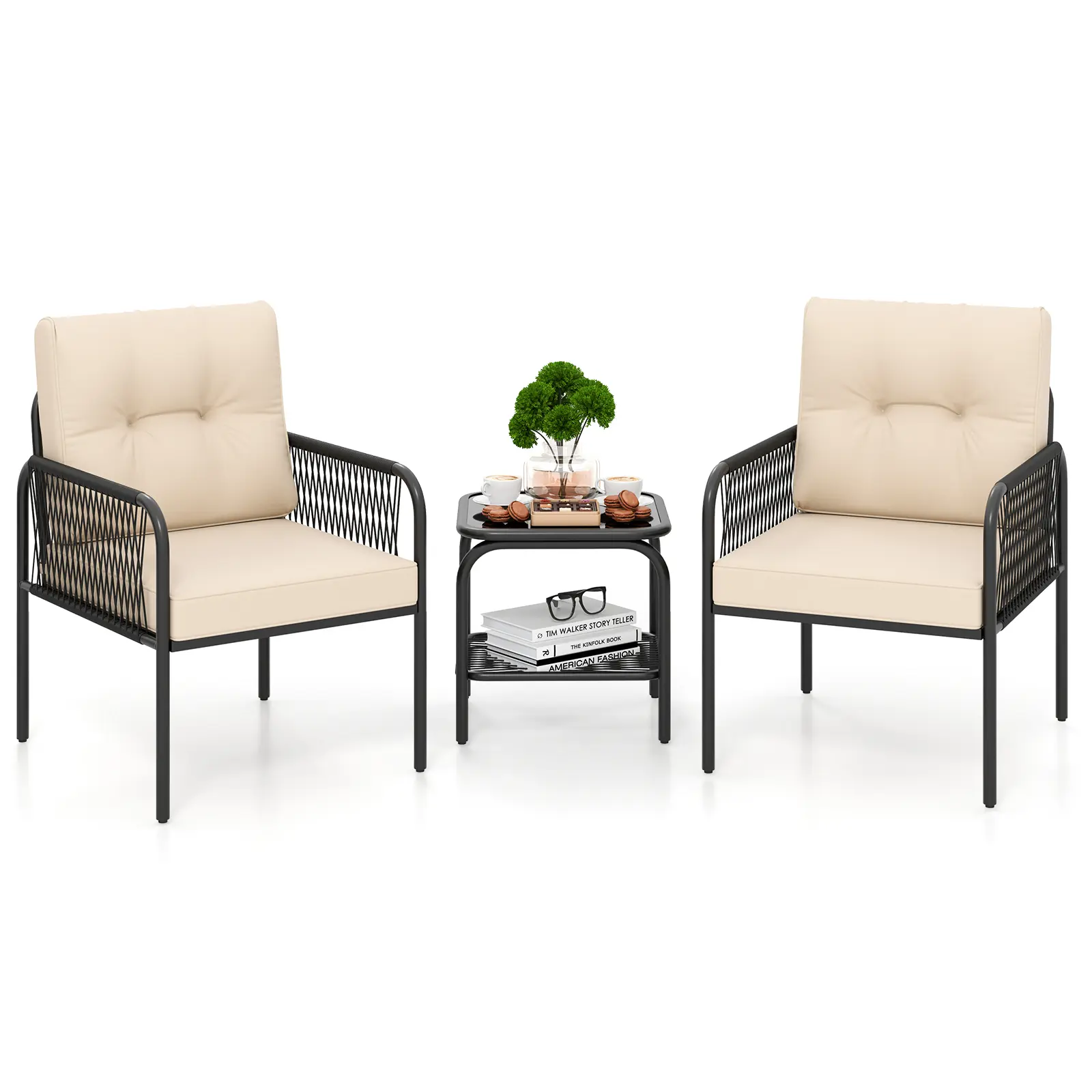 COSTWAY - 3 Pieces Patio Bistro PE Outdoor Wicker Rattan Furniture Conversation Set-Beige