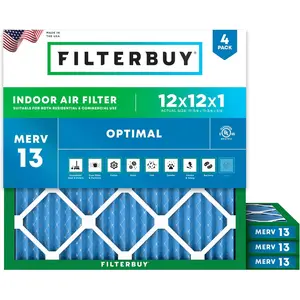 Filterbuy 12x12x1 Air Filter (4-Pack), Pleated MERV 13 Optimal Defense HVAC AC Furnace Air Filters (Actual Size: 11.75 x 11.75 x 0.75 Inches)