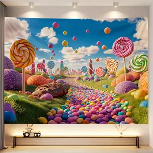 Candyland cartoon candy house background fabric with digital printing on polyester material, suitable for living room, bedroom and office.