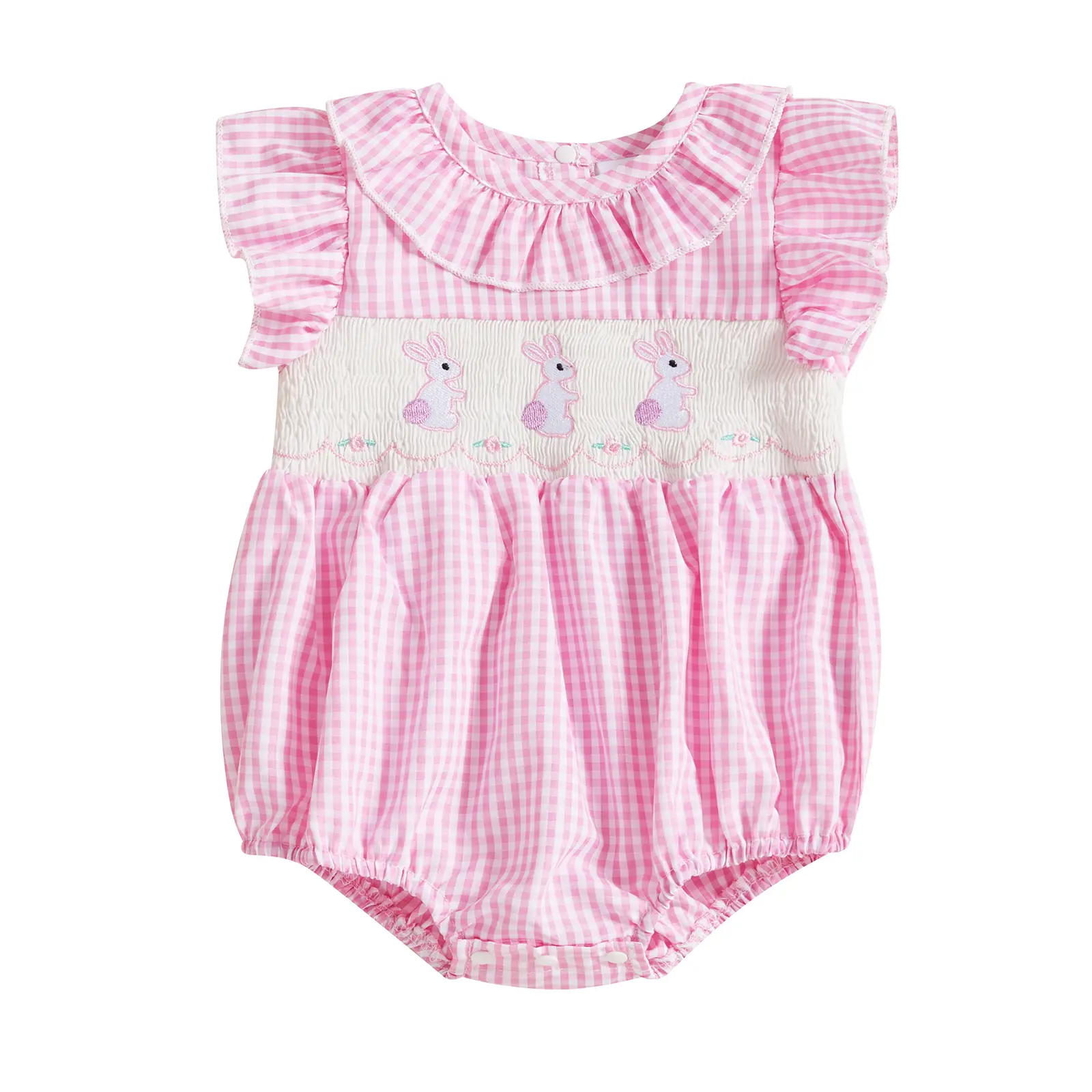 Newborn Baby Girl Smocked Romper Embroidery Peter Pan Collar Ruffle Sleeve Bubble Bodysuit Easter Outfit