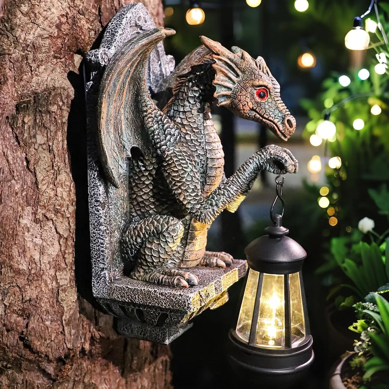 Dragon Statue Solar Lantern for Garden Décor, Dragons Figurine Night Light, 10"Outdoor Decorative Lamp, Mountable on Trees/Walls/Fences.Birthday/Housewarming Gifts for Dragon Fans (Antique Bronze)