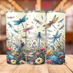 20oz Fashion Dragonfly Pattern Stainless Steel Vacuum Tumbler, Double Wall Insulated Travel Cup with Lid and Straw, Portable Hot Cold Drink Coffee Water Sports Mug, Ideal Birthday Holiday Gift for Parents, Couples, Family, Friends, Colleagues, Home & Offi