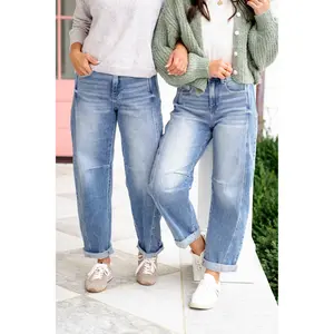 Risen High Rise Medium Wash Boyfriend Cuffed Barrel Jeans