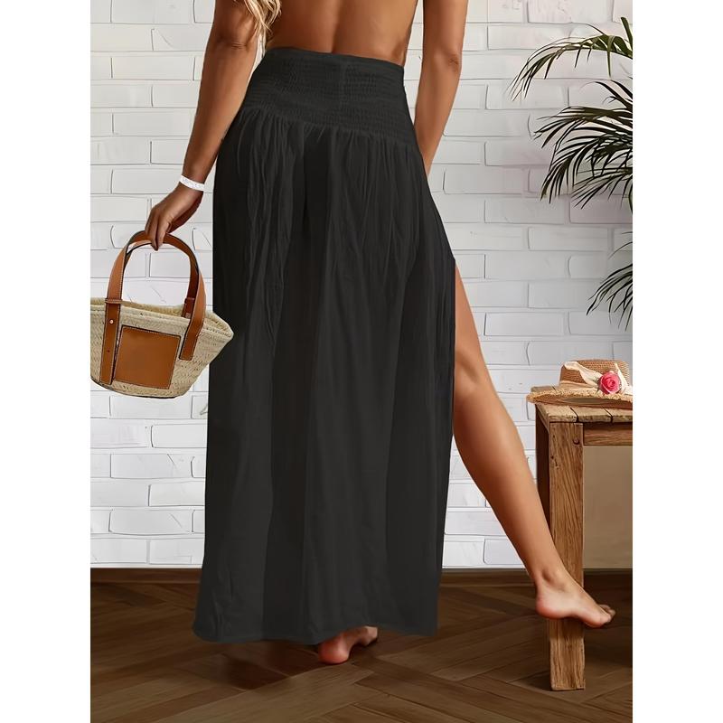 Vibrant Solid Color Shirred Waist Maxi Coverup Skirt - Flowy, Split Thigh,Summer Bottom Basic Chic Elegant Womenswear Minimalist White Vibrant Solid Color Shirred Waist Maxi Coverup Skirt - Flowy, Split Thigh,Summer Bottom Basic Chic Elegant Womenswear Minimalist White