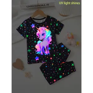 Girls' Spring/Autumn/Summer 2pcs Set with Luminous Cute Unicorn Pattern Round Neck Hoodie T-shirt Short Sleeve Top + Luminous Starry Sky Print Elastic Waist Trousers with Tied Feet Pants Cute Style Pants Suit, Suitable for Outdoor Wear, (UV Light Illumina