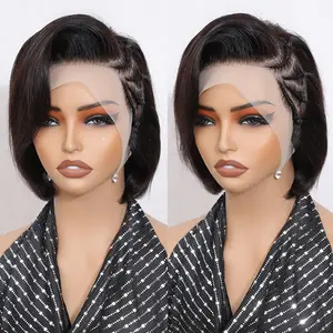 IJOY Hair Pixie Cut Wig Human Hair Natural Color Braided Wigs Human Hair Short 8 Inches Pixie Wig Brazilian Straight Pre Plucked Braided Lace Front Wigs for Black Women 180% Density