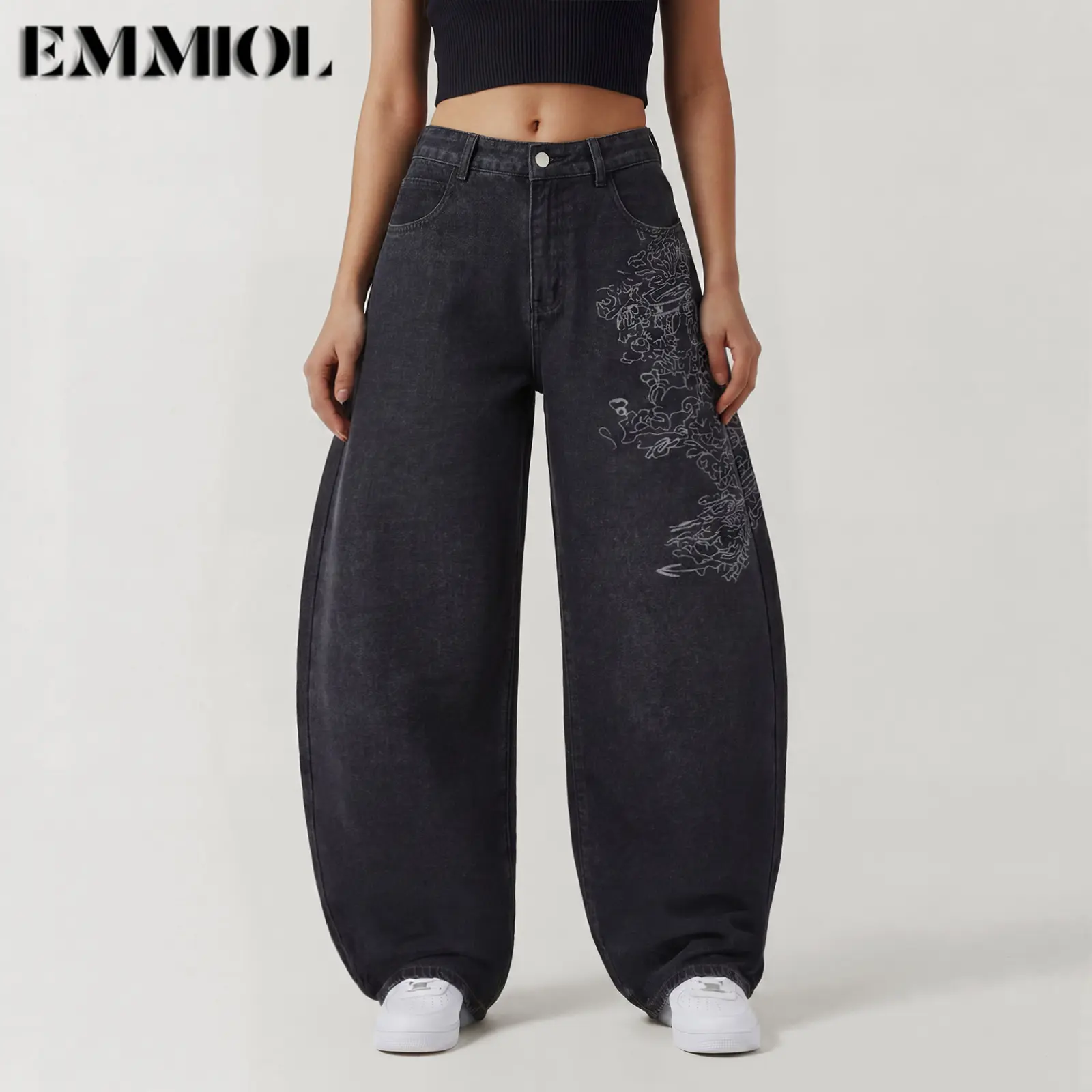 EMMIOL Women Hip Hop Baggy Jeans Wide Leg Mid-Low Waist Jeans Loose Boyfriends Jeans 90s Vintage Denim Pants casual comfy Black Womenswear Summer Vibes