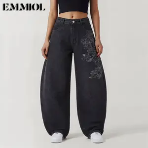 EMMIOL Women Hip Hop Baggy Jeans Wide Leg Mid-Low Waist Jeans Loose Boyfriends Jeans 90s Vintage Denim Pants casual comfy Black Womenswear Summer Vibes