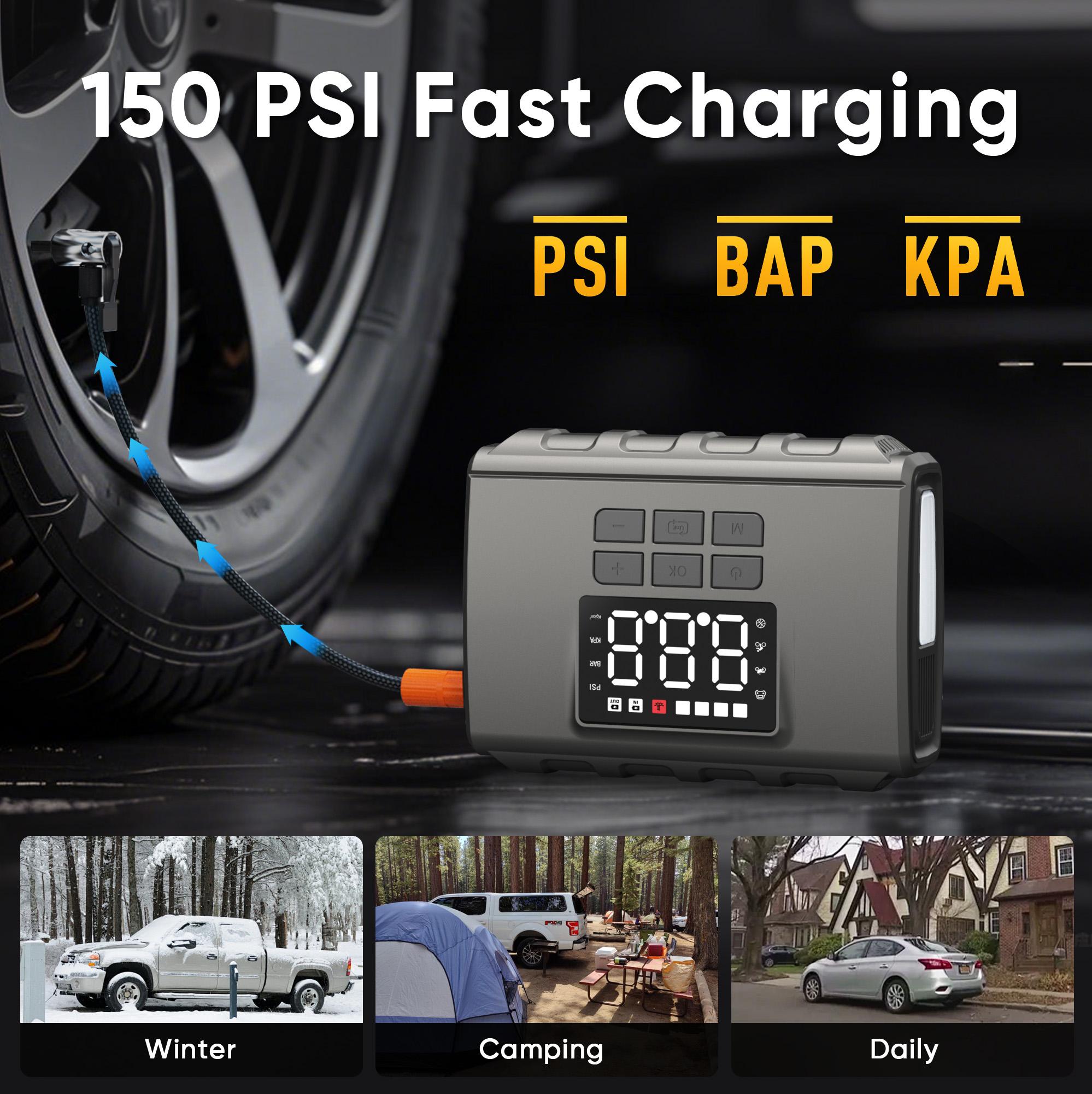 GCZ 3000A Peak Portable Jump Starter with Air Compressor 150PSI, Battery Booster (up to 7.5L Gas&5.5L Diesel), 20000mAh Power pack with Dual Cylinder & LED Display&Flashlight