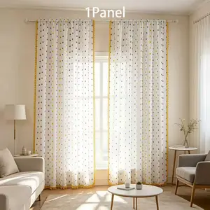 1panel Rustic Color Block Tufted Semi-Transparent Curtain, Fringe Trim Design, Rod Pocket, Ideal for Living Room, Bedroom, Kitchen, Garden