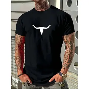 Men's Western Cowboy Style Graphic T-Shirt - Black Casual Oversized Short Sleeve Tee with White Longhorn Skull Design, Perfect for Streetwear and Outdoor Activities, Streetwear Fashion | Relaxed Fit Top | Comfortable Cotton