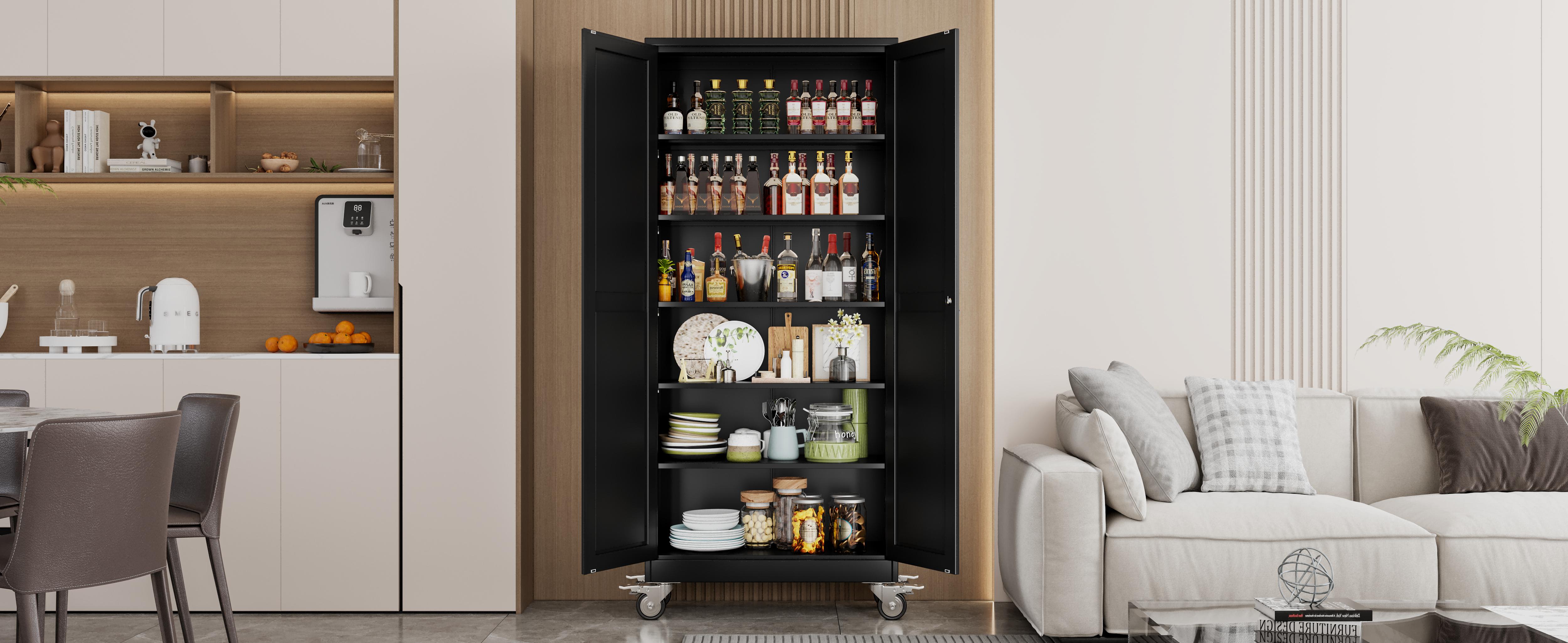 Heavy-Duty Metal Storage Cabinet with Wheels, 2-Door Steel File Cabinet with 5 Adjustable Shelves for Garage, Home Office & Warehouse
