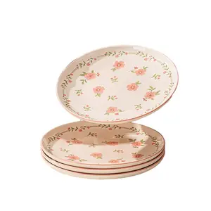 4/6-Piece Ceramic Dinner Plate Set (10-Inch), Vintage Pink Floral Design, Vintage Style Plates, Large Round Steak & Pasta Plates, Microwave, Oven, Air Fryer & Dishwasher Safe, Ceramic Dinnerware Set, Aesthetic Kitchenware