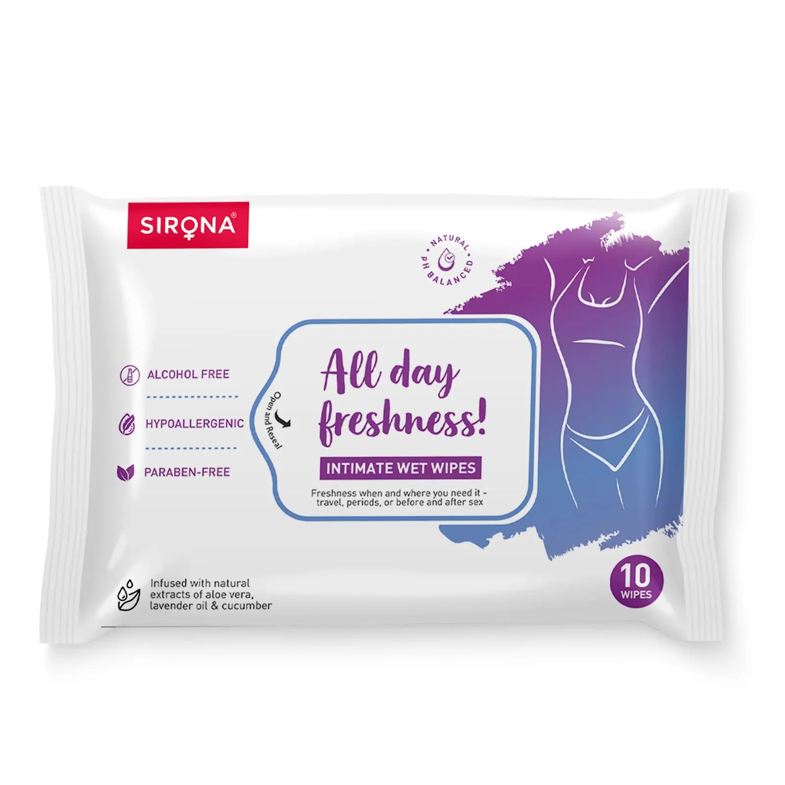Sirona Intimate Wet Wipes – 10 Wipes | pH-Balanced, Alcohol-Free, Hypoallergenic | Infused with Aloe Vera, Lavender Oil & Cucumber | For Travel, Periods, Intimacy & On-the-Go Freshness