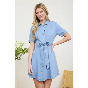 Button Down Tie Waist Denim Dress