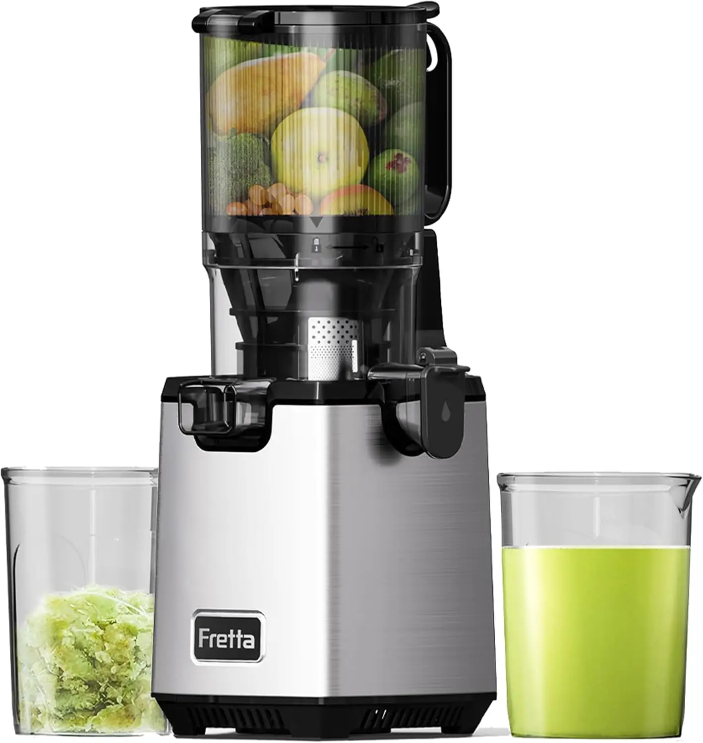 FRETTA cold pressed juicer with 5.3" Feed Chute, Slow Masticator Chute, For Whole Vegetables and Fruits, High Yield, Easy to Clean Springtok Steel