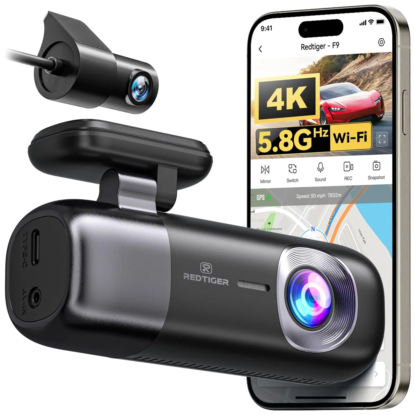 REDTIGER F9 4K Dash Cam Front and Rear 1080P, 5.8GHz WiFi & Smart App | 2160P/FHD Wireless Dashcam for Cars, Voice Prompt, Precise GPS, WDR Night Vision, Loop/Lock Recording, 24H Parking Mode
