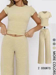 Women's Casual Striped Tee Shirt & Comfortable Pants Set, Stylish Two-Piece for Daily Wear, Perfect for Spring & Fall Seasons