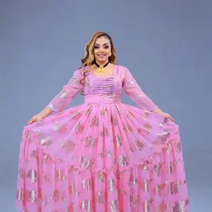 Ethiopian Chiffon Dress for Different Occasions - Pink with Gold Embellishments for Elegant Events