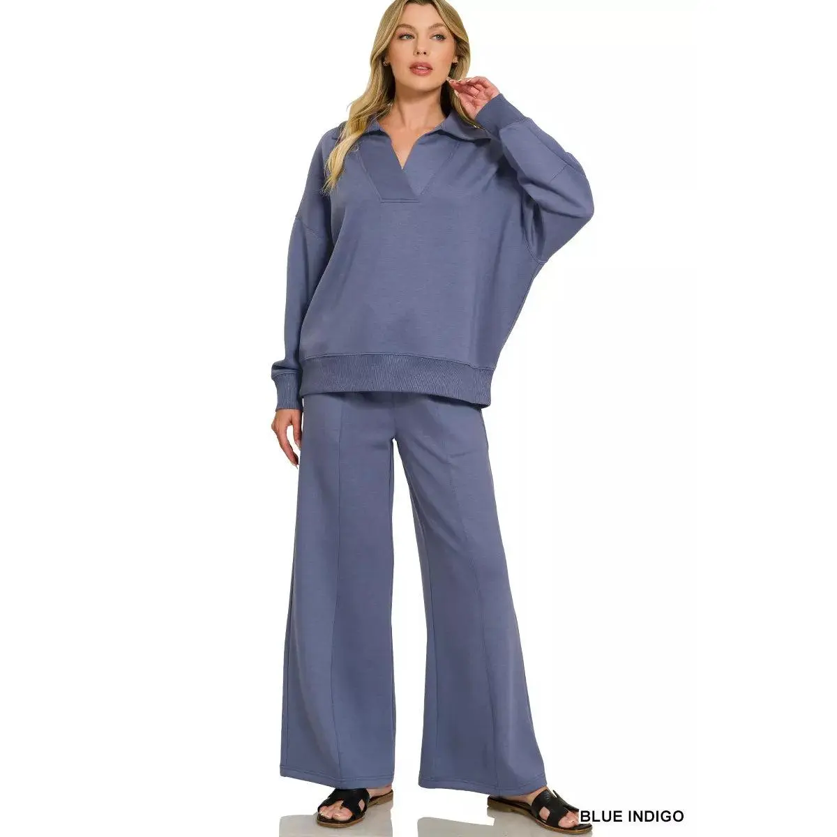 Zenana Scuba Collared Pullover & Center Seam Pants Set