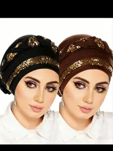 Women's Fashion Headscarf Caps, Fitted, Artistic Embroidered Braid Design, Muslim Hats, Multicolor Knitwear, All Seasons, Stylish Accessory for Daily Wear
