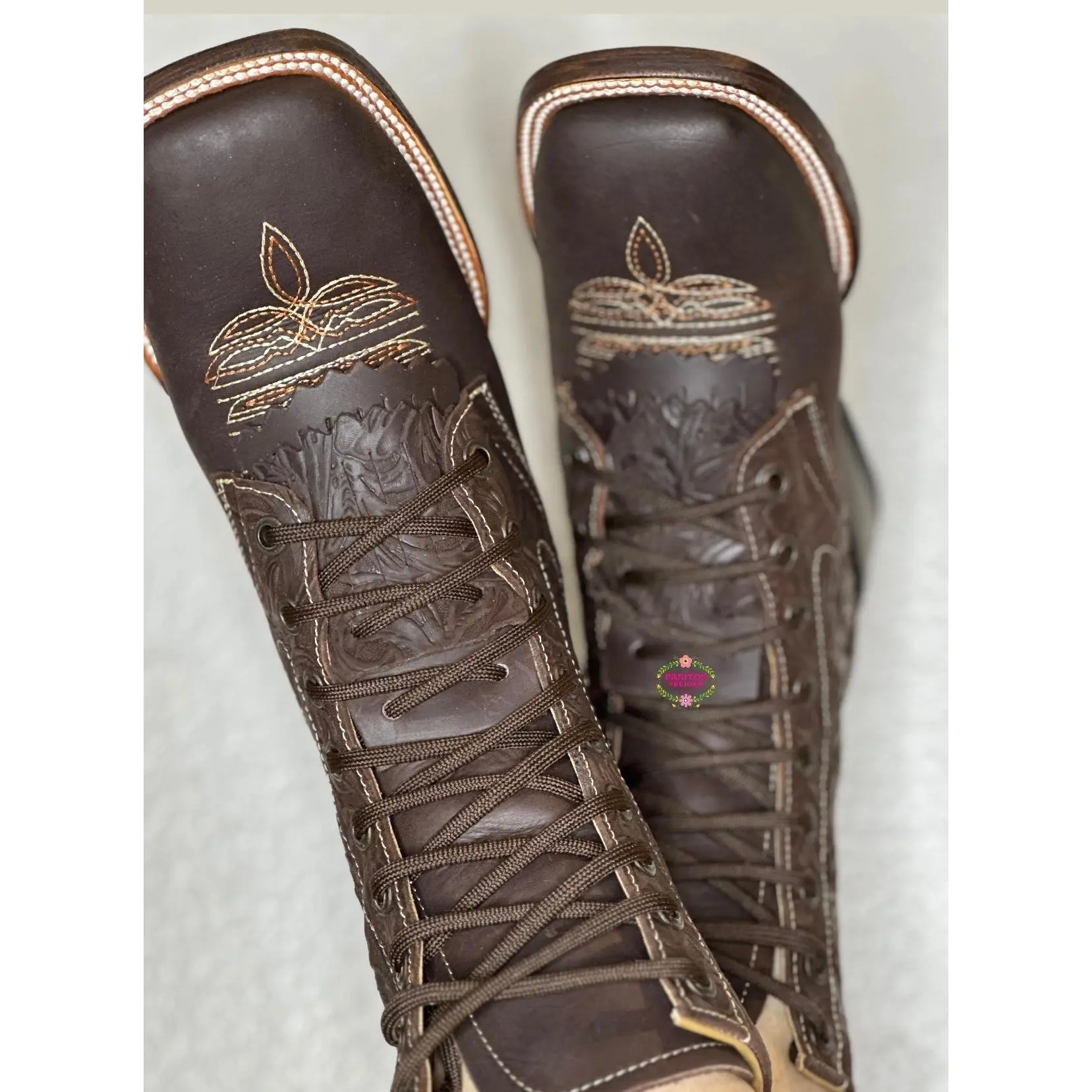 Men Botas Lacer/ WIDE women - Chocolate Leather Tooled Wide Boots
