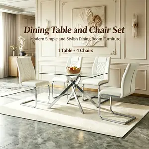 [2 Packages]5-Piece Modern Dining Set: 51" Tempered Glass Table + 4 High-Back White PU Leather Chairs, Silver Chrome Legs, Space-Saving Combo for Kitchen Living Dining Room